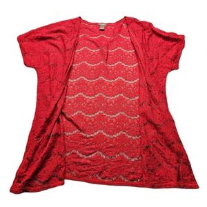 SoSik Kimono Cardigan Womens 2X Red Floral Lace Sheer Short Sleeve Open Front